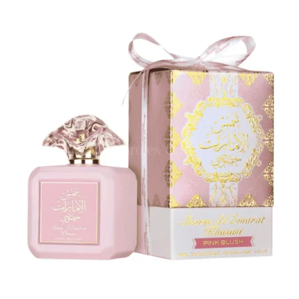 Bottle of Pink Blush Shams Al Emarat Khususi Eau de Parfum 100ml by Ard Al Zaafaran – floral fruity gourmand Arabic fragrance with raspberry, marshmallow, and vanilla notes.
