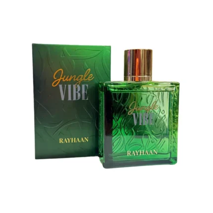 Rayhaan Jungle Vibe Perfume 100ml EDP bottle featuring a fresh woody fragrance with bergamot, grapefruit, fig and sandalwood notes.