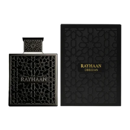 Bottle of Rayhaan Obsidian Perfume 100ml EDP, a luxurious unisex leathery-woody fragrance with floral and oud notes.