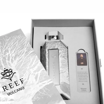 Bottle of Reef Volcano Eau de Parfum 200ml by Reef Perfumes – woody spicy Arabic fragrance with cardamom, patchouli, leather, and cedarwood notes.